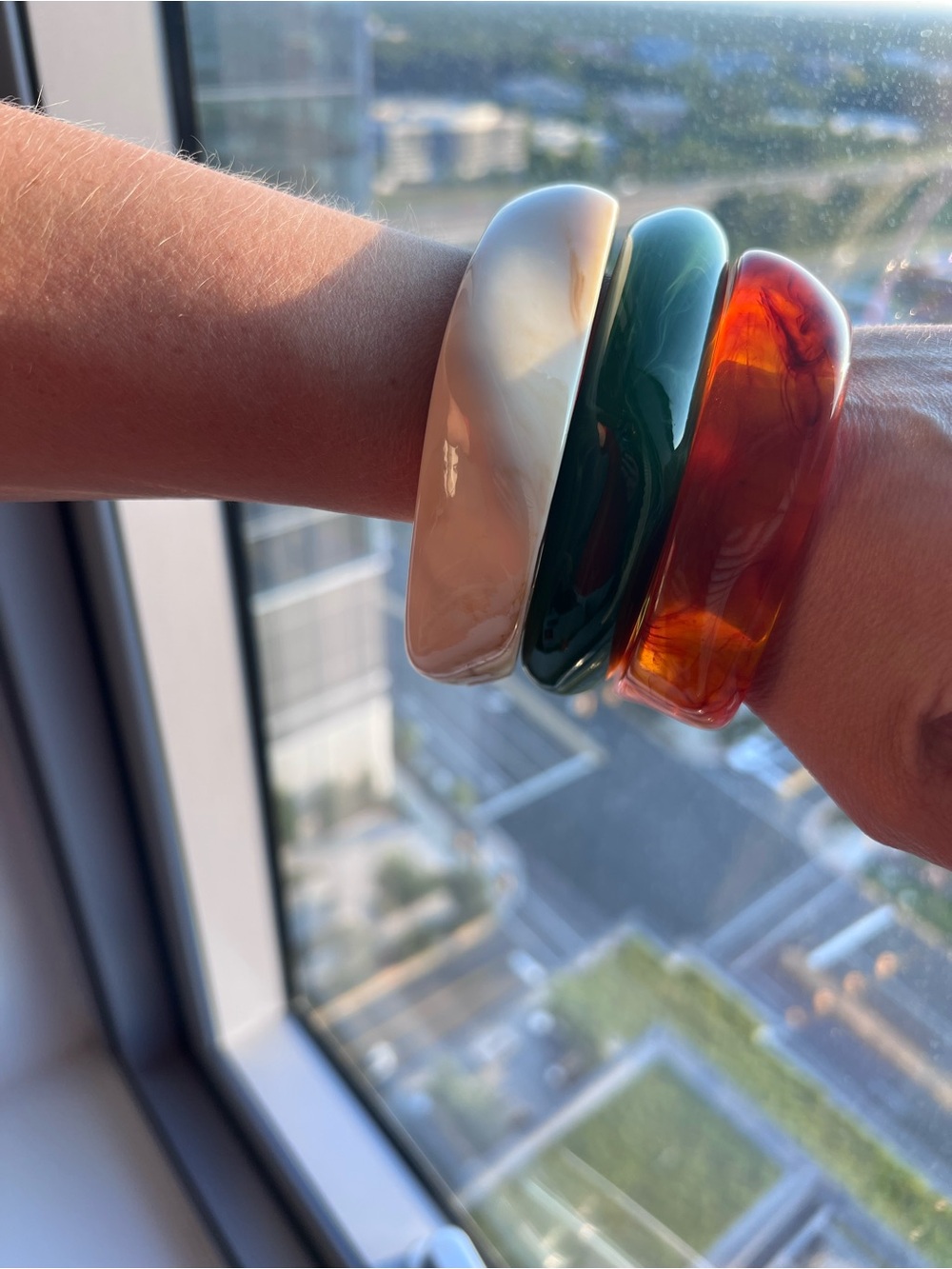 Set of 3 Resin Bangle Bracelets - Cream, Forest Green, Tortoiseshell Amber